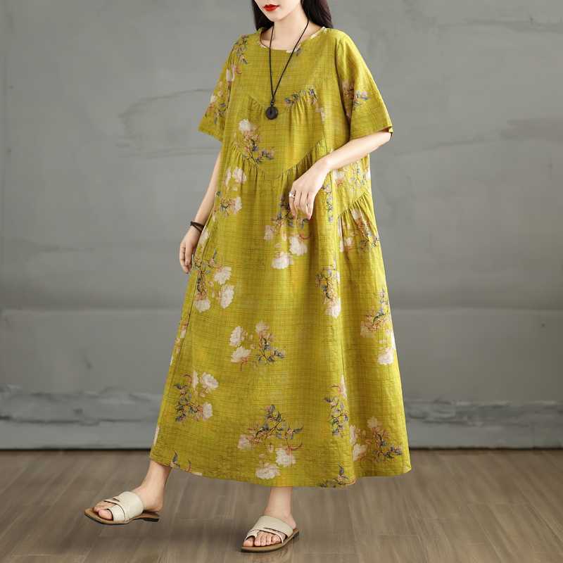 Летнее ретро платье из хлопка и льна с круглым вырезом и короткими рукавами, женская свободная юбка