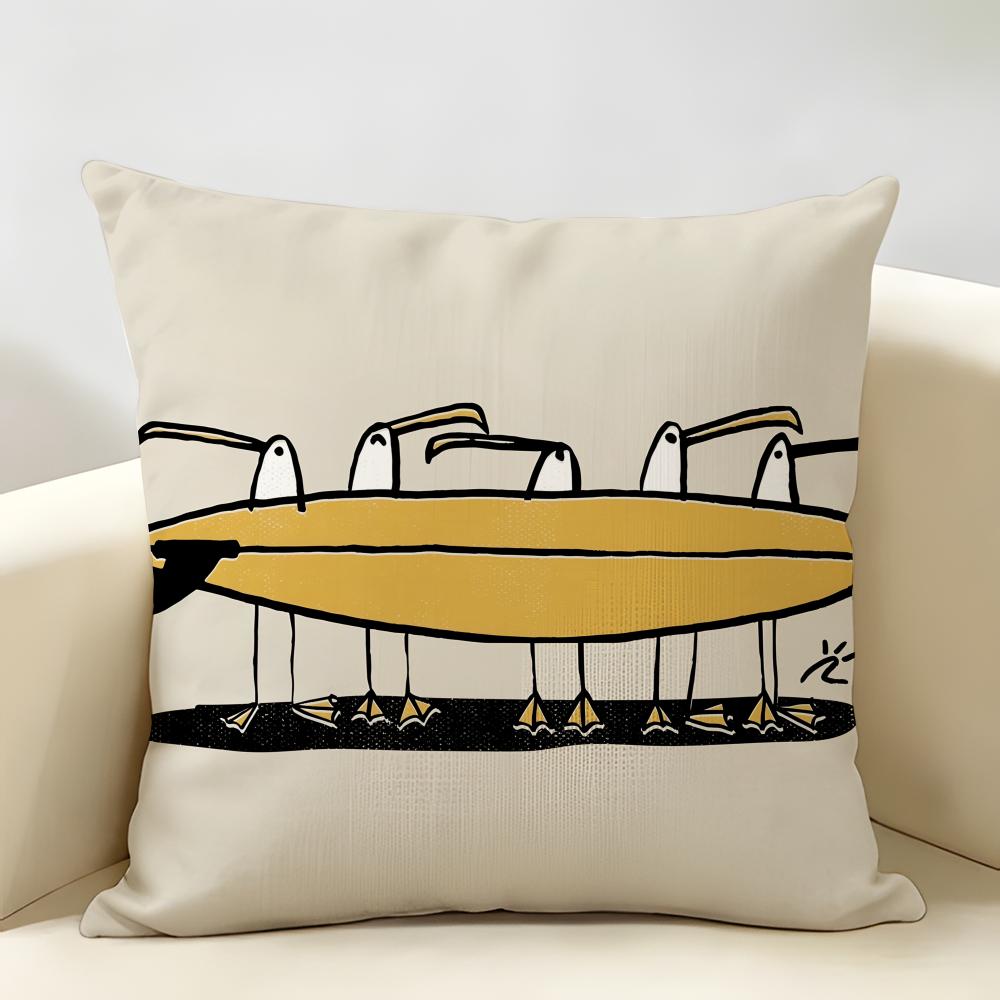 Funny Surfing Animals Cute Cushion Cover Natural Linen Organic Fabric DoubleSided Printing Room Sofa Decor Pillow Case