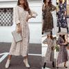 Women Leopard Chiffon Long Sleeve Printing Casual Party Vintage Boho Maxi Dress