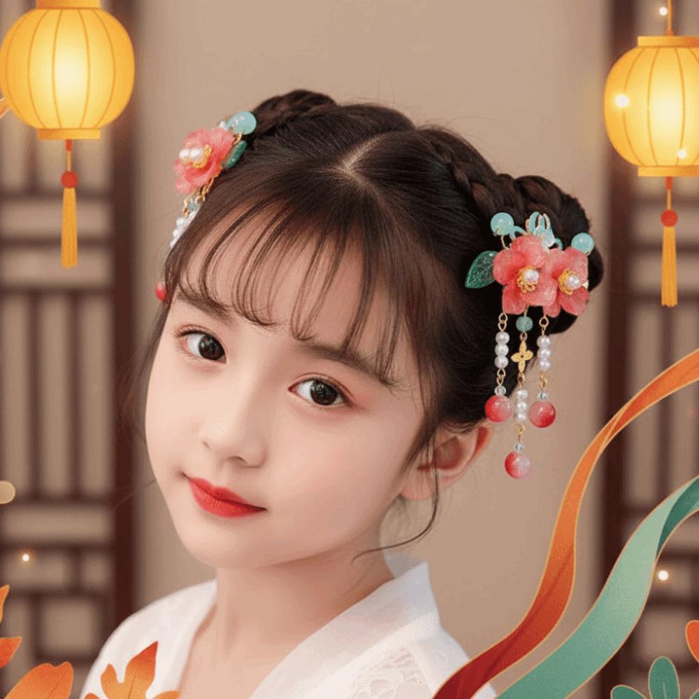 1 Pair Floral Tassel Pearl Bunny Hair Clips Vibrant Color Fairy Hairpins Hanfu Hair Clips Festival