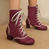 2024 Autumn Winter Retro Women's Ankle Boots Mixed Colours Cosplay Boots PU Patchwork Flock Comfy Chunky Heels Shoes