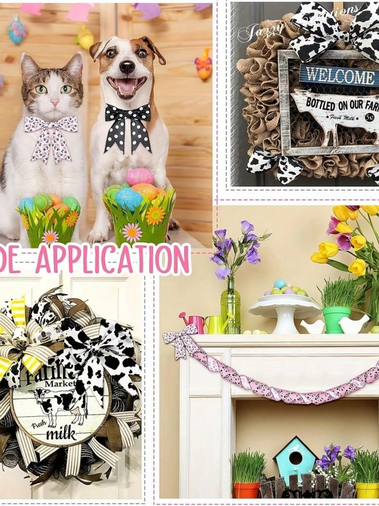 Cow Printed Coarse Linen Woven Tape with Steel Wire Edges, Black and White Stripes, Dot Packaging Ribbon, Pink Strawberry Cow Ri