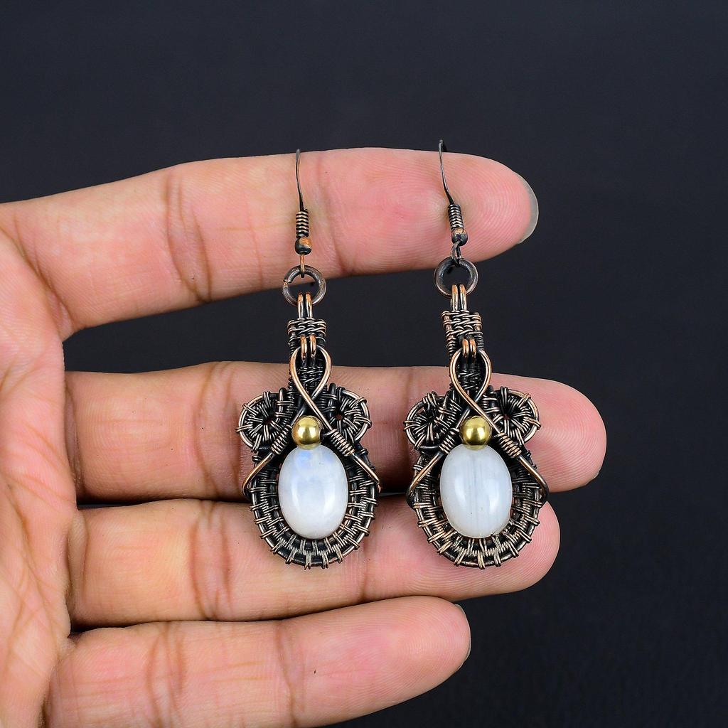 Rainbow Moonstone Earrings Gemstone Jewelry, 999 Copper Wire Wrapped Earrings, Handmade Beautiful Jewelry Earrings