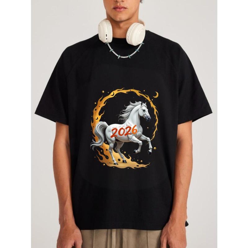 Белая футболка с дизайном лошади и 2026 для повседневной носки