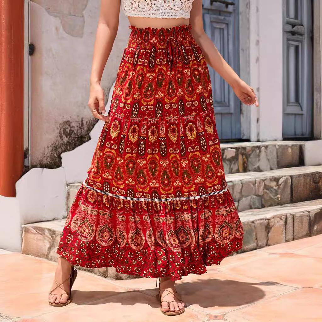 2025 Spring Summer Bohemian Ethnic Lace Trim Cotton Maxi Skirt, Vacation Style Long Skirt
