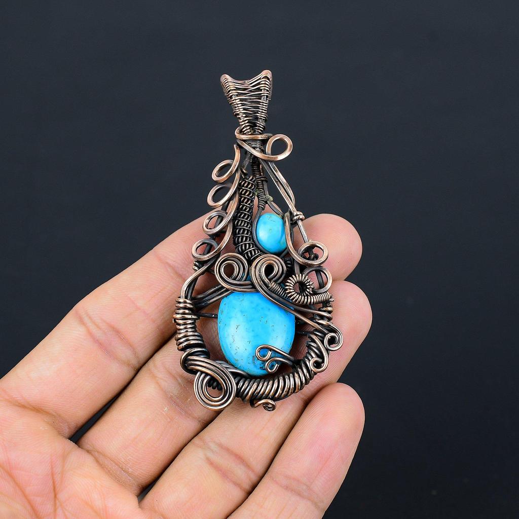 Arizona Turquoise Gemstone Pendant, 999 Copper Wire Wrapped Pendant Jewelry, Handmade Antique Jewelry Gift For Mother