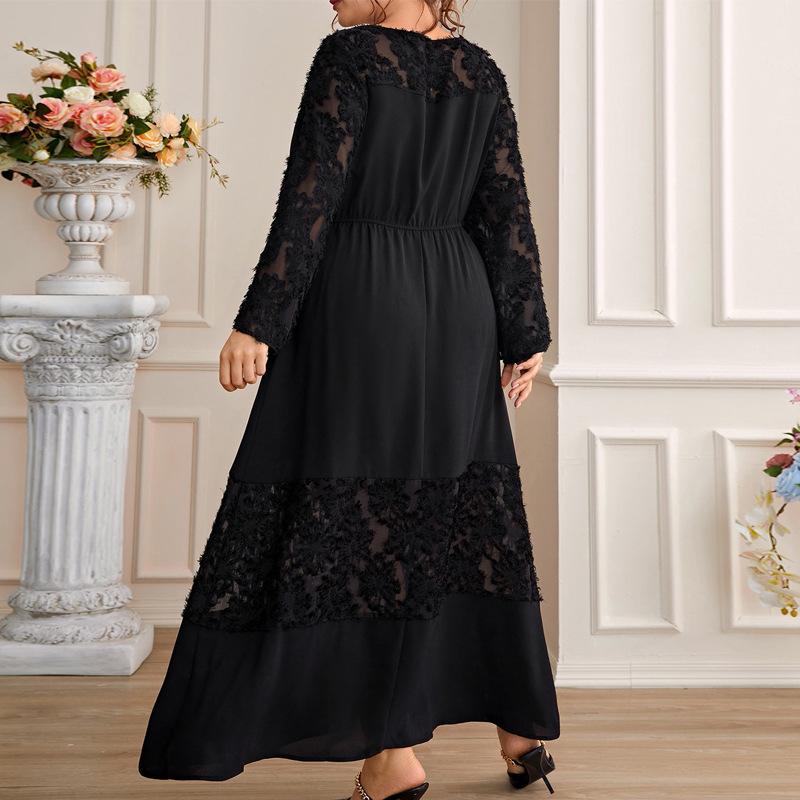 Women's Plus Size Slim Temperament Sexy Lace Dress French See Through Midi Dress