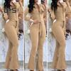 Women Fall Spring Jumpsuit Lapel Half Single-breasted Solid Color Long Sleeve Slim Fit Flared Cuff Low-cut Belted High Waist Elastic Lady Long