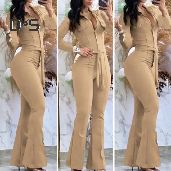 Women Fall Spring Jumpsuit Lapel Half Single-breasted Solid Color Long Sleeve Slim Fit Flared Cuff Low-cut Belted High Waist Elastic Lady Long