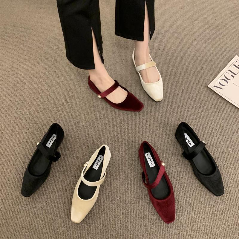 Ретро жемчужный нишевый золотой бархат пряжка на одну пуговицу туфли Мэри Джейн женские плоский толстый каблук средний каблук квадратный носок одинарные туфли бордовый