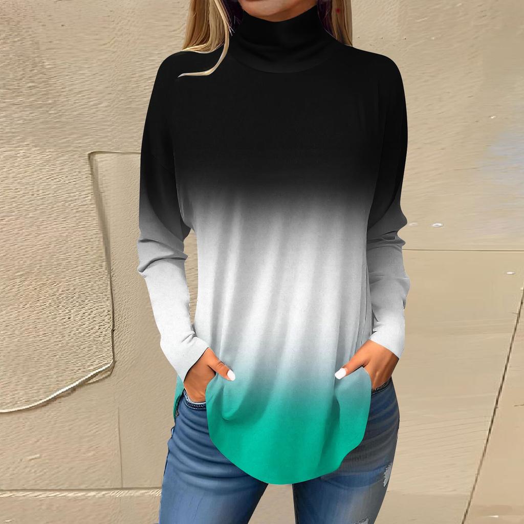 Футболки для женщин, осенние повседневные рубашки с длинными рукавами, толстовка с винтажным принтом, топ с высоким воротом, пуловер