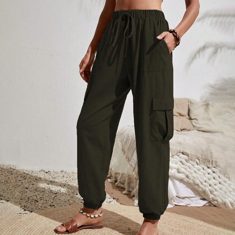 Весенне-летние женские модные универсальные однотонные повседневные комбинезоны с карманами на резинке, женские брюки
