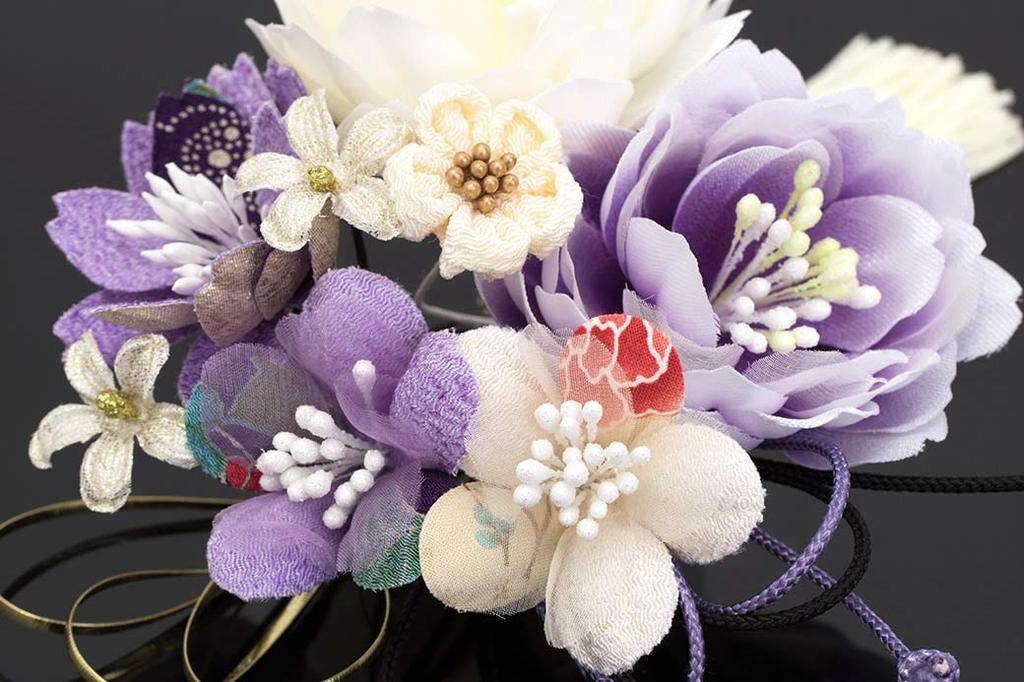 Волосы Выпускной Вишневый Японский Кисточка Сделано в Японии [SOUBIEN] Украшение, Церемония, Церемония, Набор из 2 предметов, Фиолетовый, Белый, Пион, Цветок,