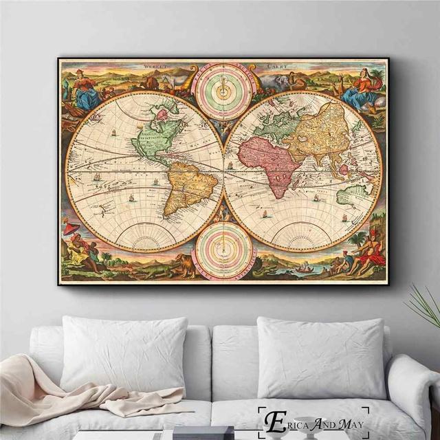 Old World Map Artwork Vintage Posters and Prints Wall Art Decorative Picture Canvas Painting For Living Room Home Decor Unframed