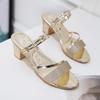 Temperament Lady with Skirt Mid-heel Sandals Woman 2025 New Thick Heel Fashion Sequins Two Wear One-word Buckle Sandals