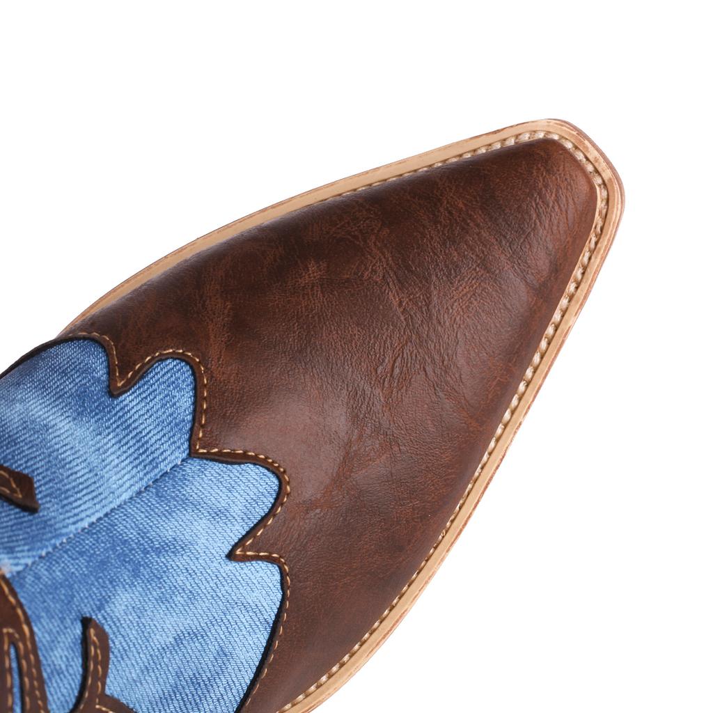 Женские ковбойские сапоги до середины икры, западные сапоги гаучо, ковбойские сапоги на блочном каблуке, обувь из искусственной кожи, пэчворк, деним, ручная работа