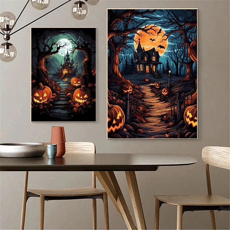 A Classic Vintage Wall Art Pumpkin Black Cat Ghost Painter Halloween Night, Printed Poster, Home Living Room Bedroom Decoration