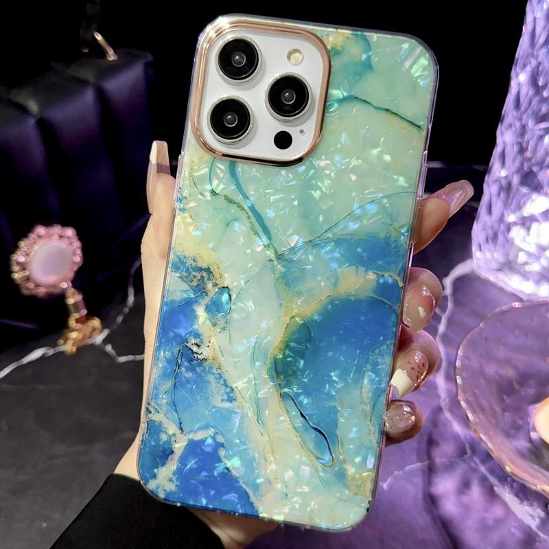 Модный жесткий чехол IMD с принтом мраморной ракушки для iPhone 16 Plus 15 Pro Max 14 Pro 13 12 11, блестящий ударопрочный тонкий чехол для телефона