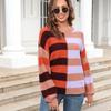 Autumn and Winter Women's Plus Size Pullover Splicing Stripes and Colour Collision Round Neck Knit Sweater
