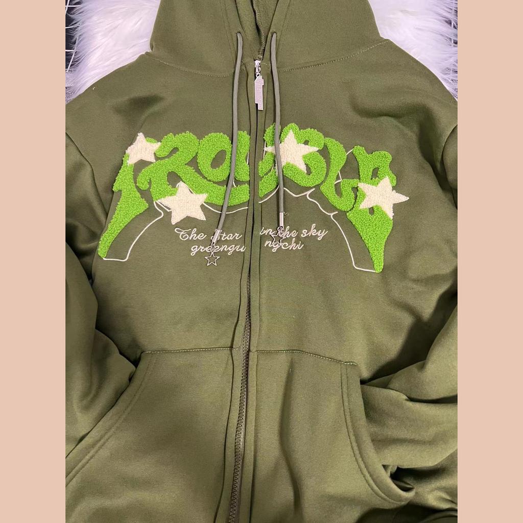 Women Letter Embroidered Hoodies Autumn Winter Vintage Zip Up Loose  Hooded Sweatshirts Harajuku Y2K Long Sleeve Jacket Clothes