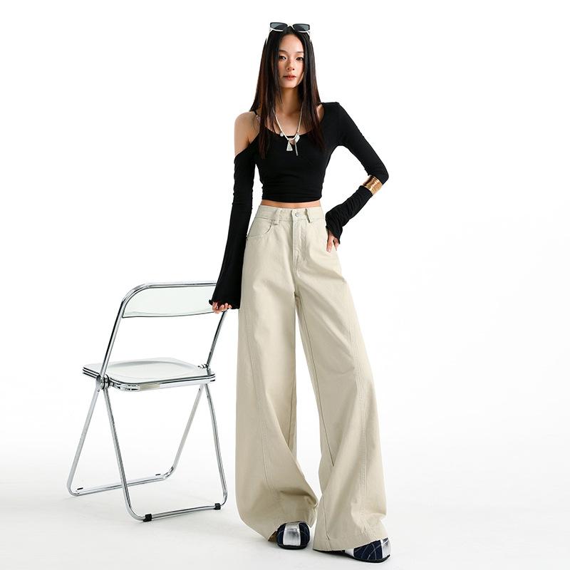 American light apricot scimitar jeans women's new autumn and winter loose wide-leg pants design sense high waist long pants