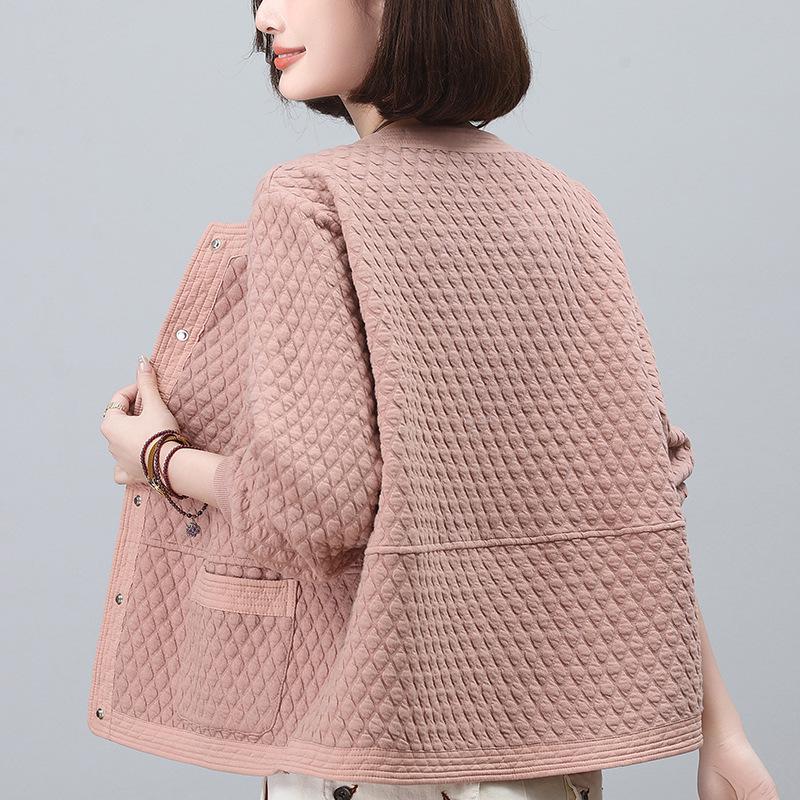 Women's Argyle Baseball Jacket - Loose Casual Round Neck, Long Sleeve for Spring & Autumn