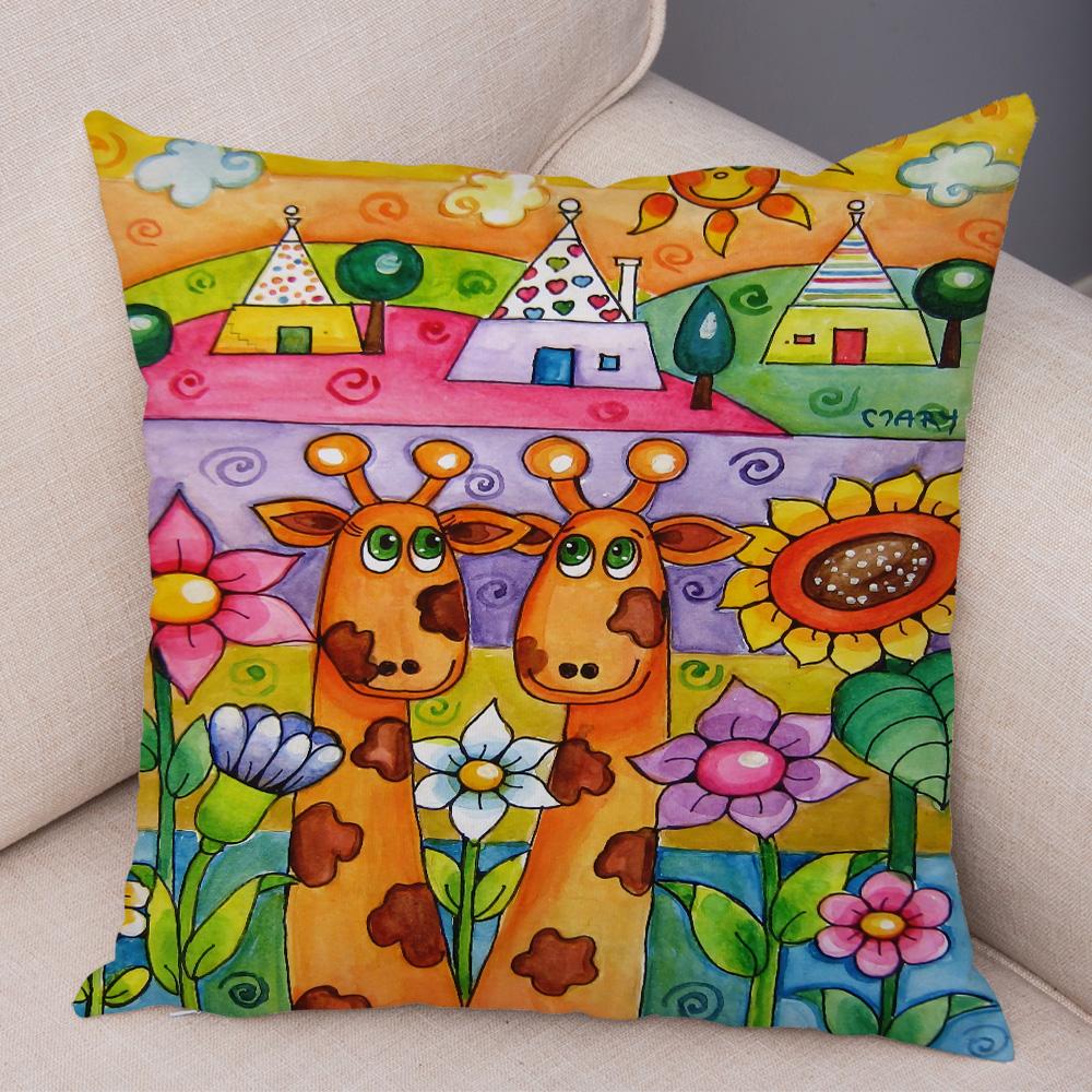 Детская живопись маслом Искусство Наволочка для подушки Обе стороны Плюшевая наволочка Декор Мультяшное растение Наволочка для дивана Дома Машины