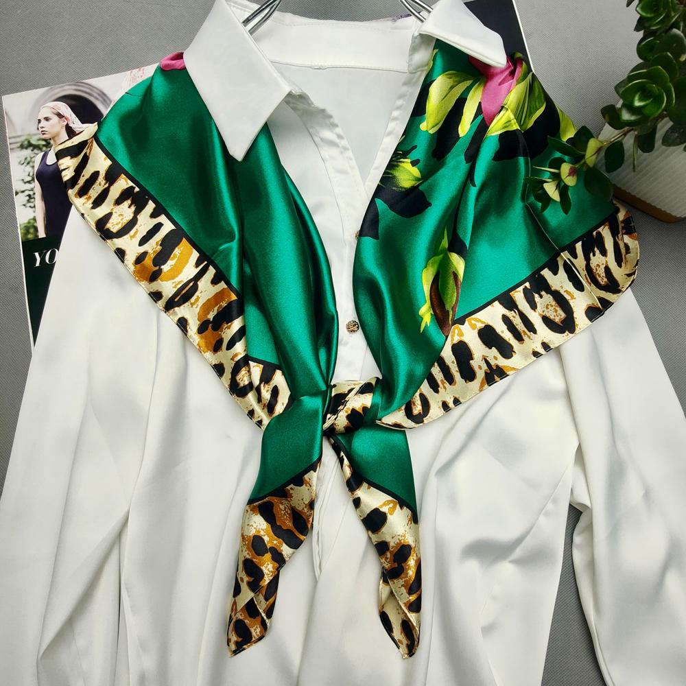 Women's Green Silk Scarf Head Wrap Spring Autumn Chinese Style Peony Floral Fashion Leopard Print Square Scarves Shawl For Winte