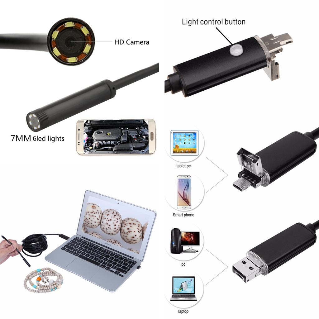 5M Car Endoscope 7mm Endoscope HD USB Android 6 LED Inspection Borescope Camera