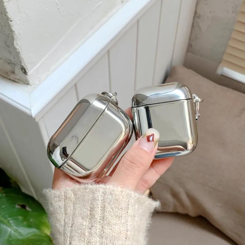 Подходит для Apple AirPods 1 2 3 4 Pro 3 2 Чехол для наушников Защитный чехол Гальванизированное Зеркало Простота Серебристый Чехол с крючком