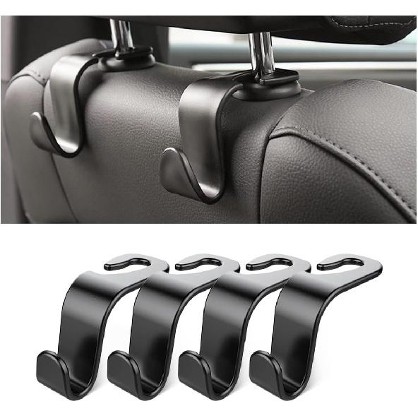 Car Back Seat Headrest Hooks, 4 Pack Black Stylish Back Seat Hanger For Car Handbag Clothes Coats Grocery Bags, Car Interior Accessories (Black2)