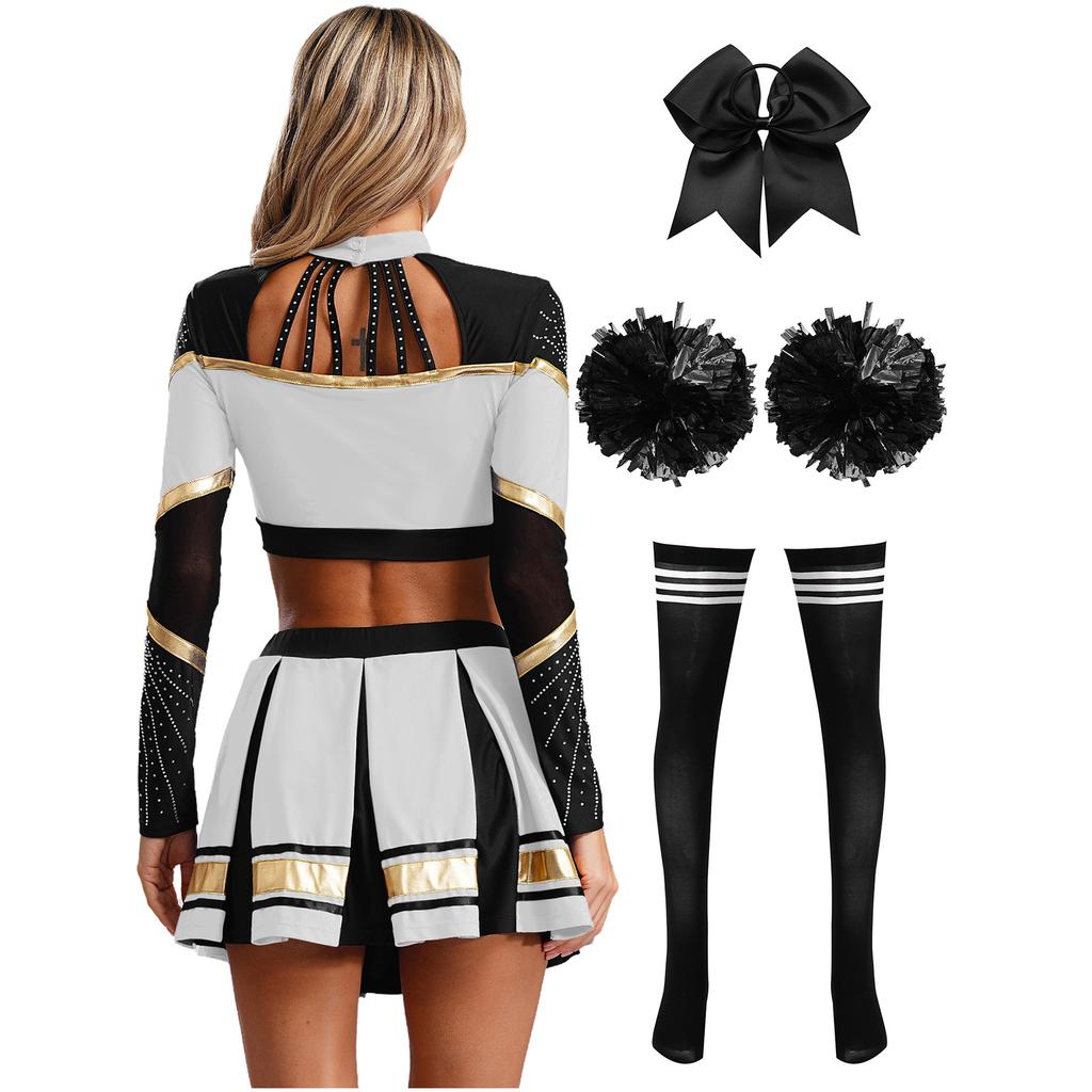 Women Cheerleading Performance Dance Outfit Long Sleeve Mock Neck Rhinestones Crop Top Pleated Skirt Hair Tie Set