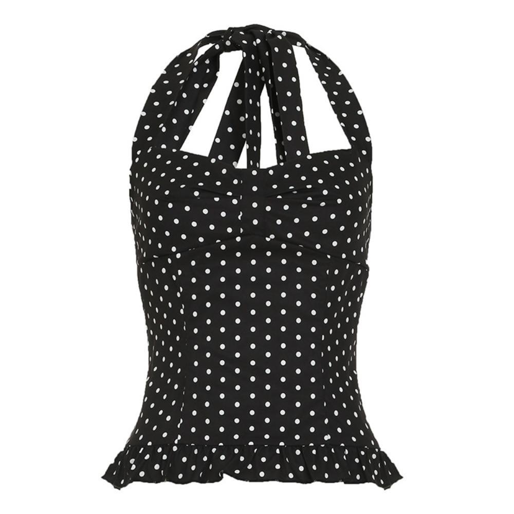 Sleeveless Lace-up Dots Camisole Deep V Neck Hanging Neck Top Halter Ruffle Vest  Summer