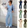 Women Lounge Sets Sweatshirt Pants 2-Piece Set, V-Neck Long Sleeve Top & Wide Leg Trousers with Elastic Waist, Solid Color Matching Set Sports Suits