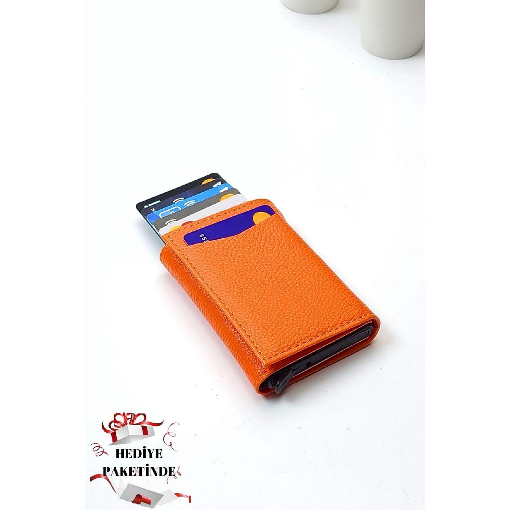 Оранжевый кошелек из веганской кожи унисекс с отделением для денег и держателем для карт с автоматическим механизмом. Подарочный пакет для портфолио?