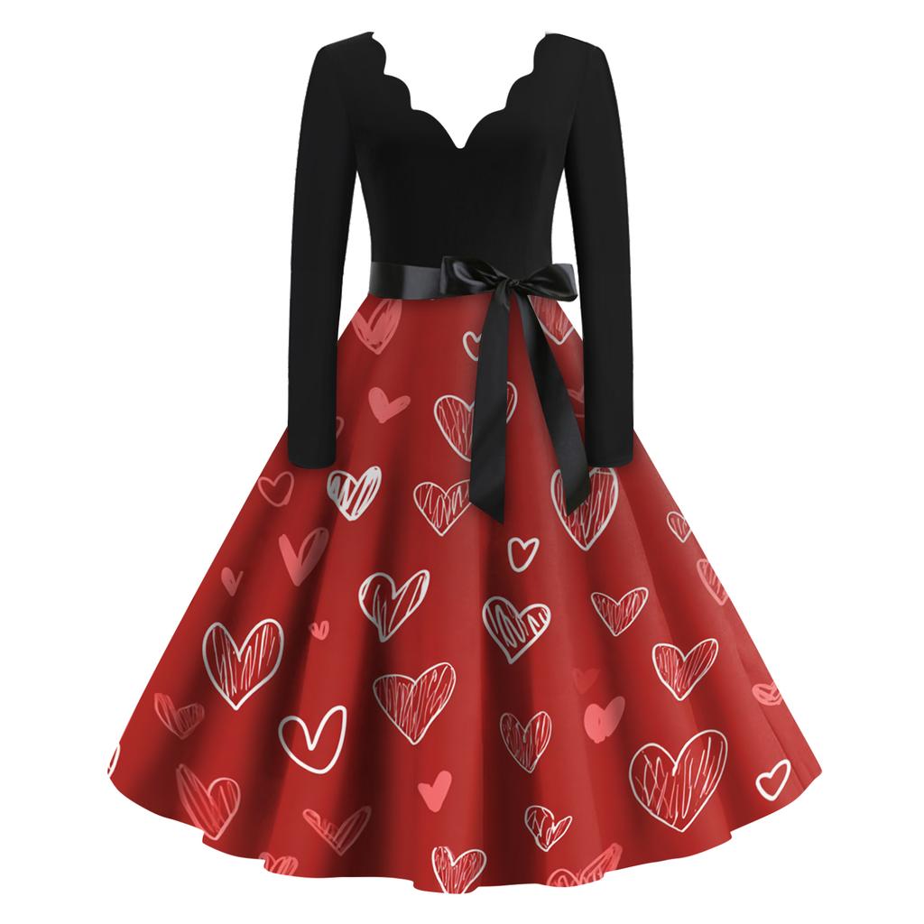 Женское повседневное модное платье с принтом на День святого Валентина, с V-образным вырезом, в стиле ретро, с длинным рукавом