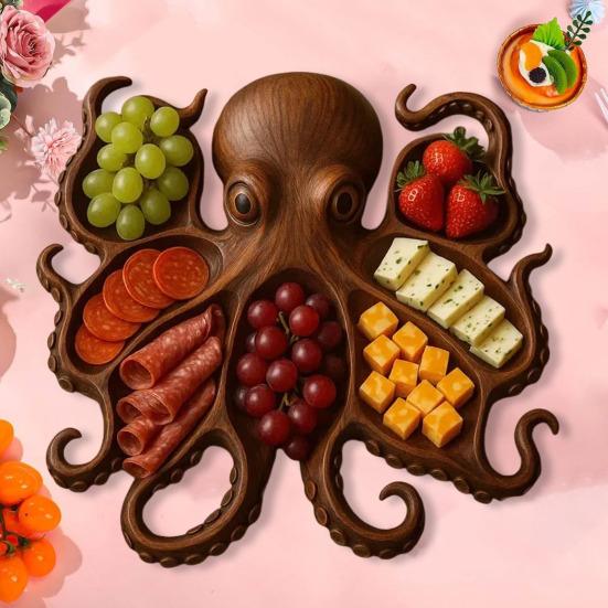 Octopus Charcuterie Board Seafood Serving Tray for Cheese Meats Fruits Ocean Themed Wood Food Platter for Gatherings