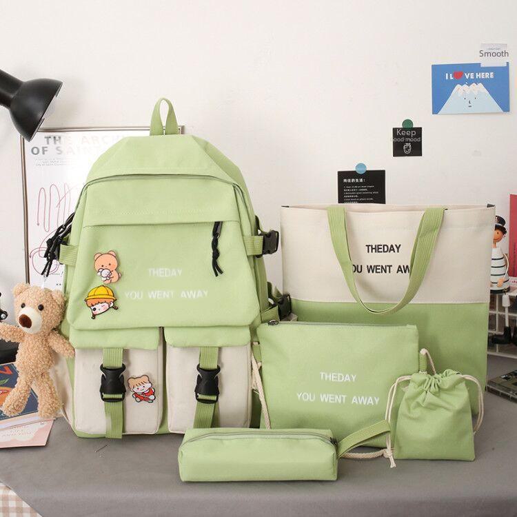 Korean Style Five-Piece School Backpack Set for Girls – Fashionable Color-Match Design