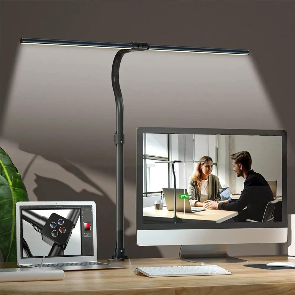 LED Double Head Reading Desk Lamp 24W Foldable Swing Arm Desk Lamp with Clip Dimmable for Workstation PC Eye Protection Office