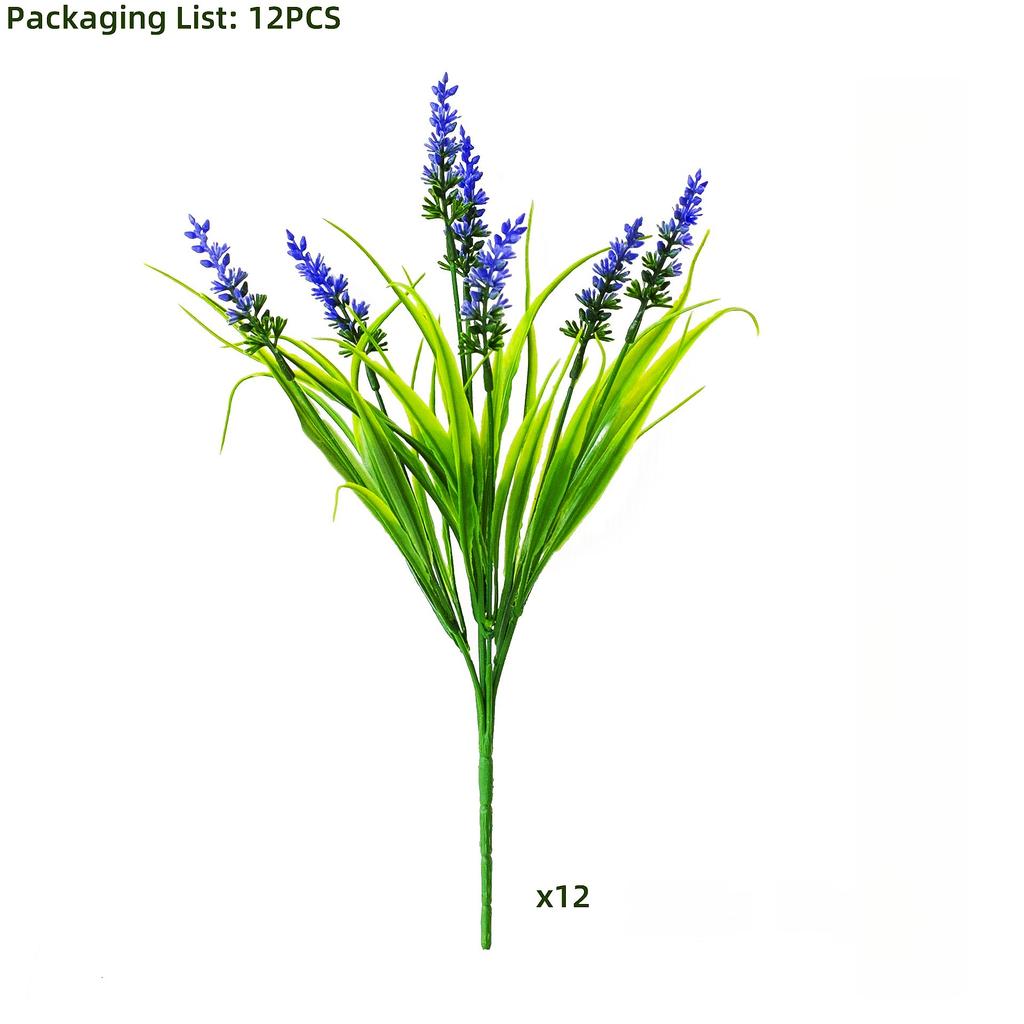12 пучков искусственной лаванды и обезьяньей травы - Устойчивые к УФ-излучению пластиковые зеленые кустарники для наружного домашнего садового декора