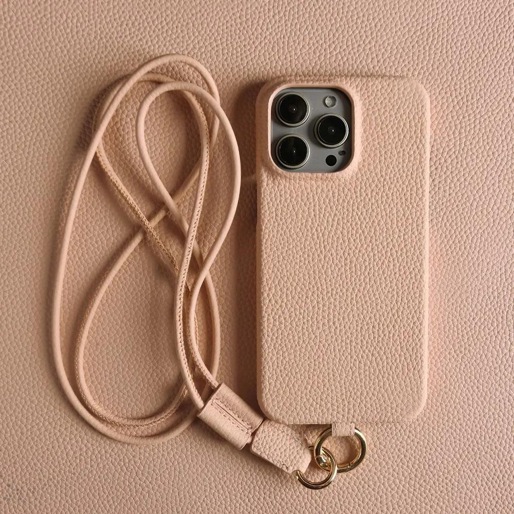 Full Grain Cowhide Leather Case for iPhone 17 Pro Max Air 16 Pro 15 14 Plus 13 12 11 Crossbody Long Strap Mobile Phone Cover