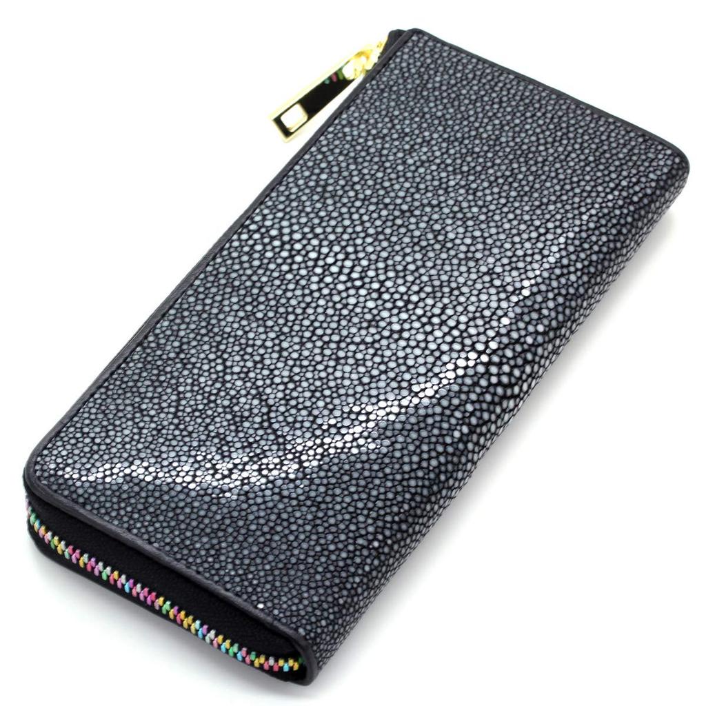 [Revetta] Длинный кошелек из кожи ската, L-образная молния YKK MIX Color, Черный галуша из кожи ската, Мужской и женский, Натуральная кожа [164-1stw]