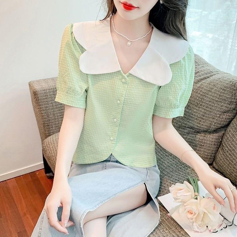 Summer Womens Blouse With Bubble Sleeves And French Collared Design For Casual Wear