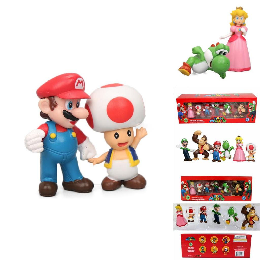 Набор из шести фигурок Супер Марио Брос, включающий Луиджи, Йоши и коллекционные грибы для детей