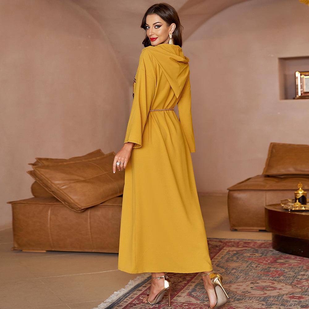 Women's Yellow Hooded Asymmetric Handmade Rhinestone Robe Loose Muslim Dress Abaya