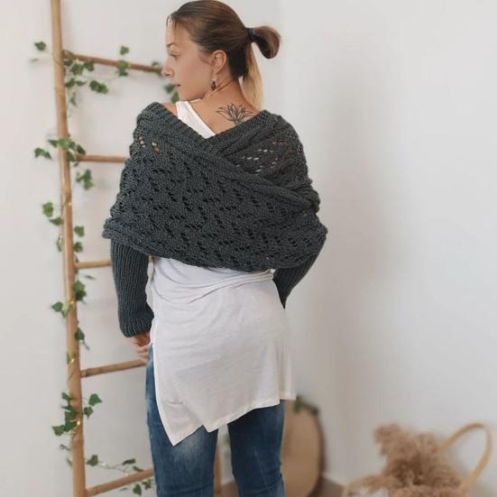 Knitted Cable Wrap Scarf with Sleeves Soft Bohemian Style Shawl Scarf Hollow Crochet Pattern