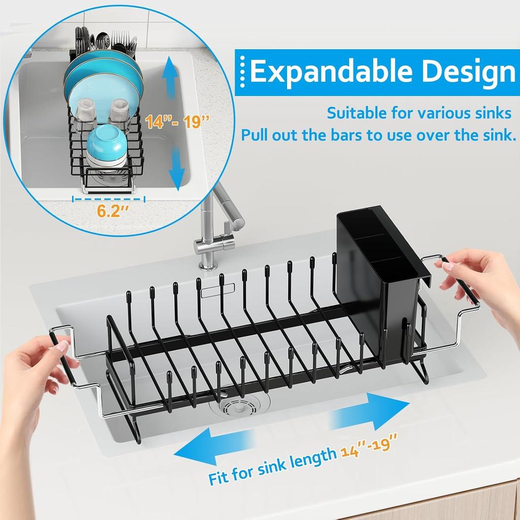 Sink Dish Drying Rack Expandable Dish Rack Over Sink with Silicone Drying Tray Drainer for Kitchen Counter with Cutlery Holder