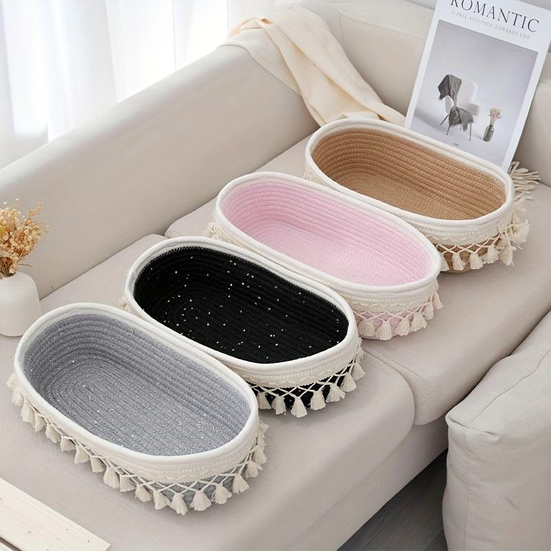 Boho Chic White/Khaki Rectangular Tassel Storage Basket Polyester Rope Organizer with Open Top for Living Room Bedroom Bathroom