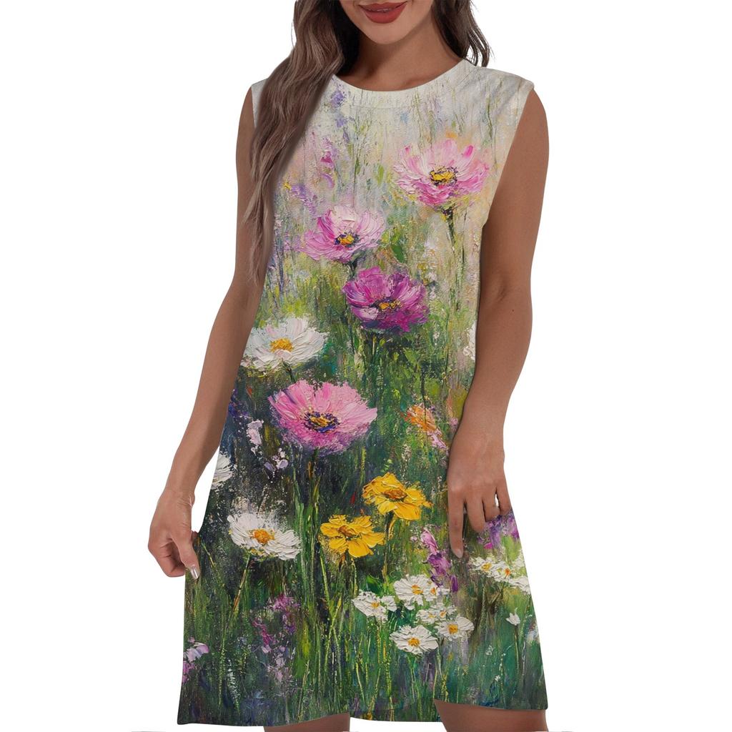 Women's Casual And Fashionable Round-neck Sleeveless Printing Mid Length Dress