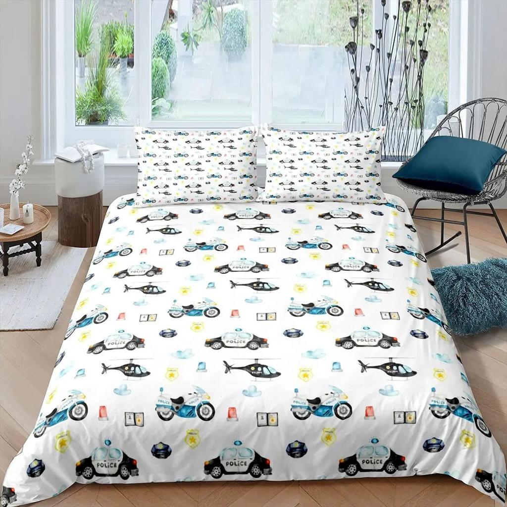 Police Car Duvet Cover Set King Queen Size Polyester Quilt Cover Cartoon Car Pattern For Kids Teens Bedding Set With Pillowcase